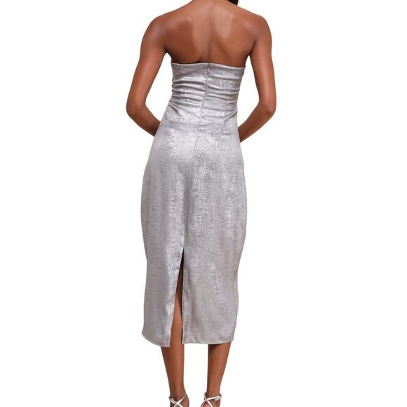 Lulu’s NWT Ideal Essence Shiny Silver Metallic Strapless Elegant Midi Dress - Picture 2 of 16